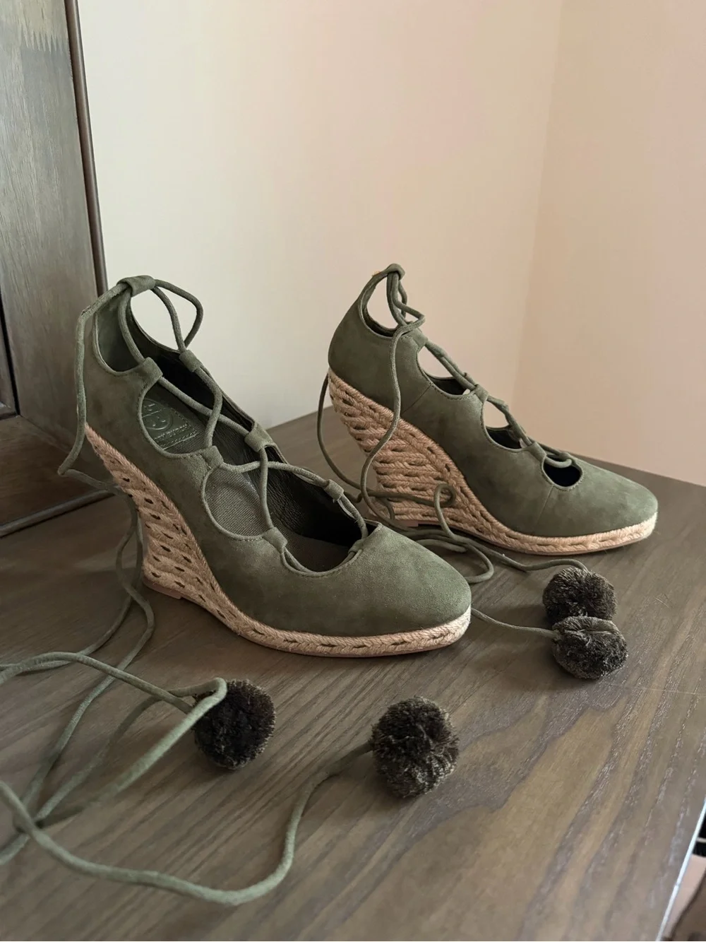 Tory Burch Olive Green Lace-Up Espadrille Wedge